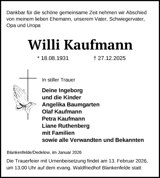 Traueranzeige von Willi Kaufmann von Uckermark Kurier Prenzlauer Zeitung