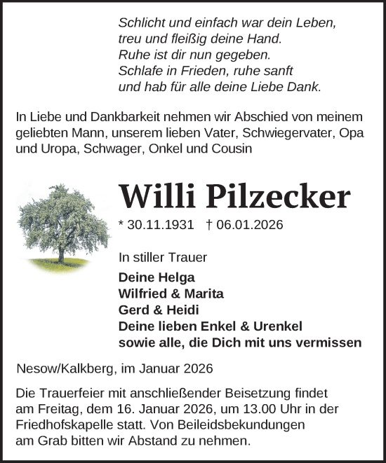 Traueranzeige von Willi Pilzecker von Gadebusch - Rehnaer Zeitung