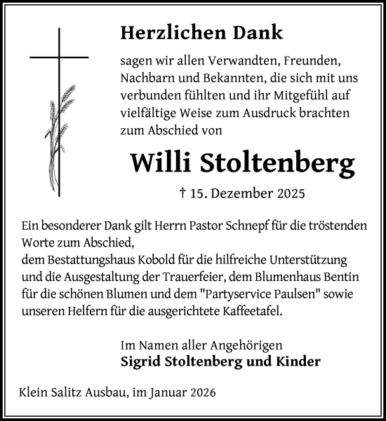 Traueranzeige von Willi Stoltenberg von Gadebusch - Rehnaer Zeitung