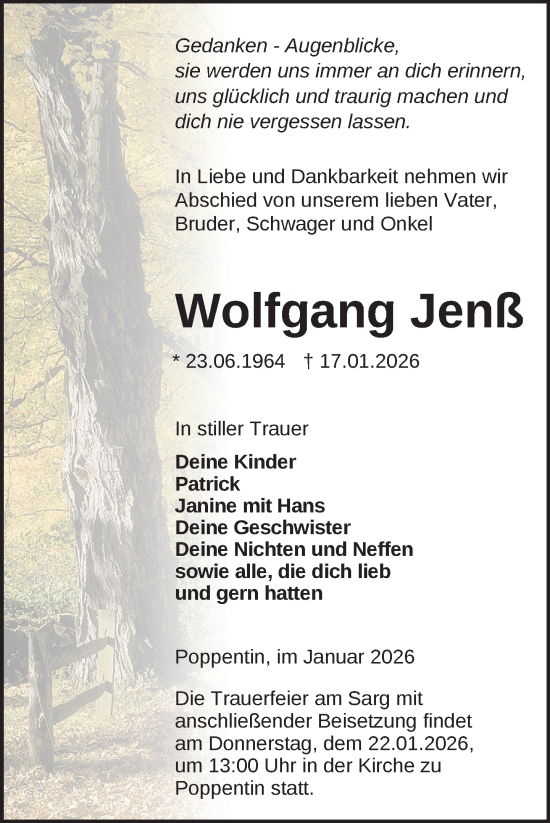 Traueranzeige von Wolfgang Jenß von Nordkurier Müritz-Zeitung