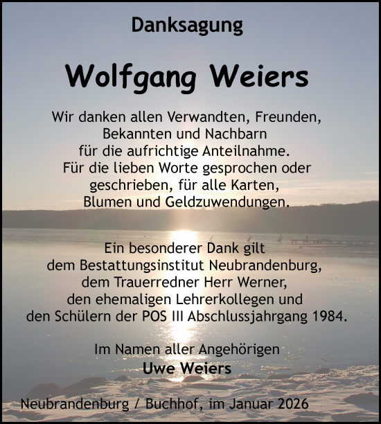 Traueranzeige von Wolfgang Weiers von Nordkurier Neubrandenburger Zeitung