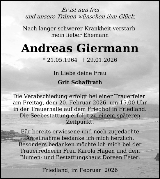 Traueranzeige von Andreas Giermann von Nordkurier Neubrandenburger Zeitung, Nordkurier Grosso