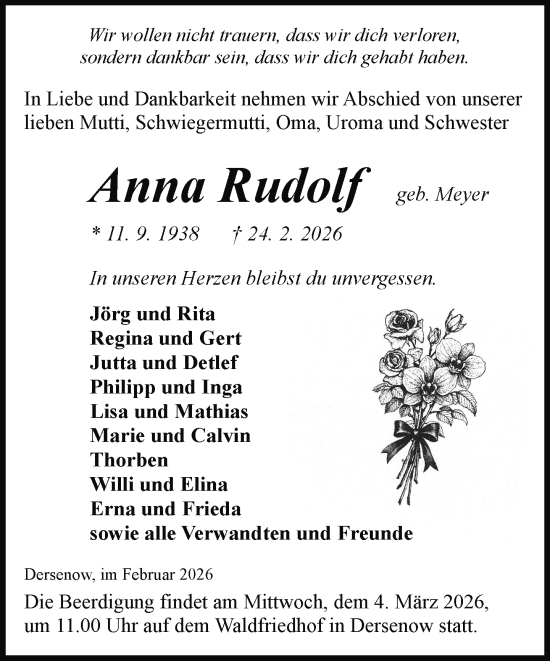 Traueranzeige von Anna Rudolf von Hagenower Kreisblatt