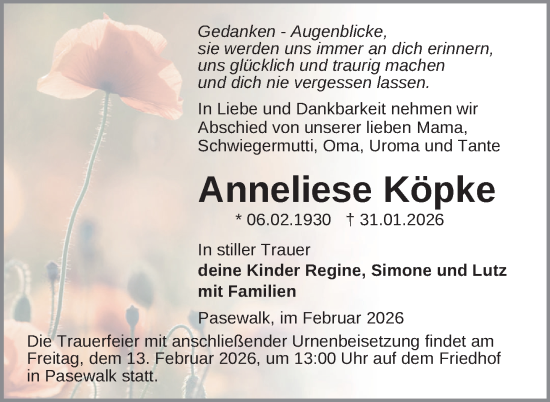 Traueranzeige von Anneliese Köpke von Nordkurier Grosso, Nordkurier Pasewalker Zeitung