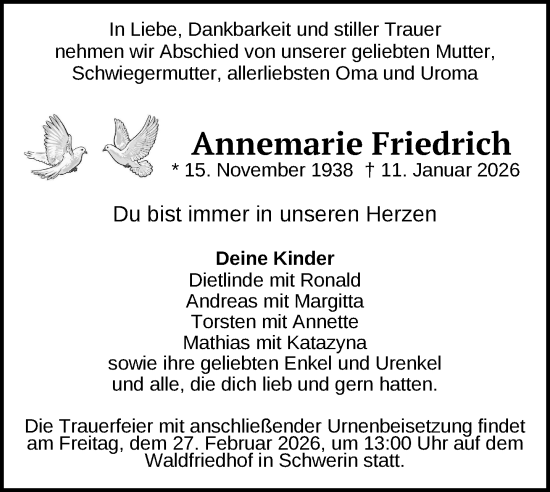 Traueranzeige von Annemarie Friedrich von Zeitung für die Landeshauptstadt
