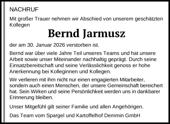 Traueranzeige von Bernd Jarmusz 