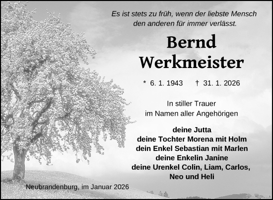 Traueranzeige von Bernd Werkmeister von Nordkurier Neubrandenburger Zeitung