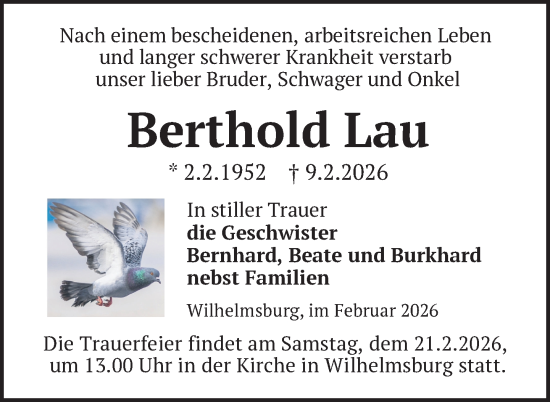 Traueranzeige von Berthold Lau von Nordkurier Grosso, Nordkurier Haff-Zeitung