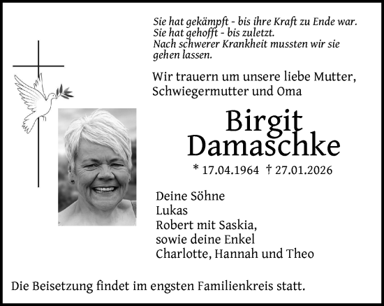 Traueranzeige von Birgit Damaschke von Zeitung für die Landeshauptstadt