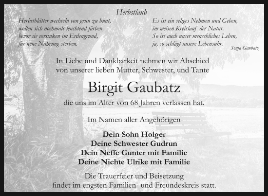 Traueranzeige von Birgit Gaubatz von Nordkurier Haff-Zeitung, Nordkurier Grosso
