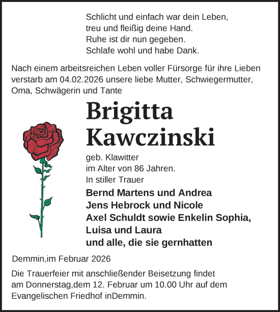 Traueranzeige von Brigitta Kawczinski von Nordkurier Vorpommern Kurier, Nordkurier Demminer Zeitung, Nordkurier Grosso