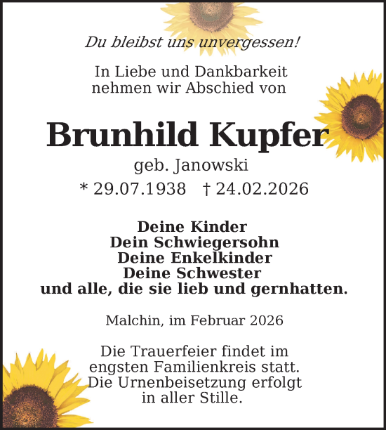 Traueranzeige von Brunhild Kupfer von Nordkurier Mecklenburger Schweiz, Nordkurier Grosso