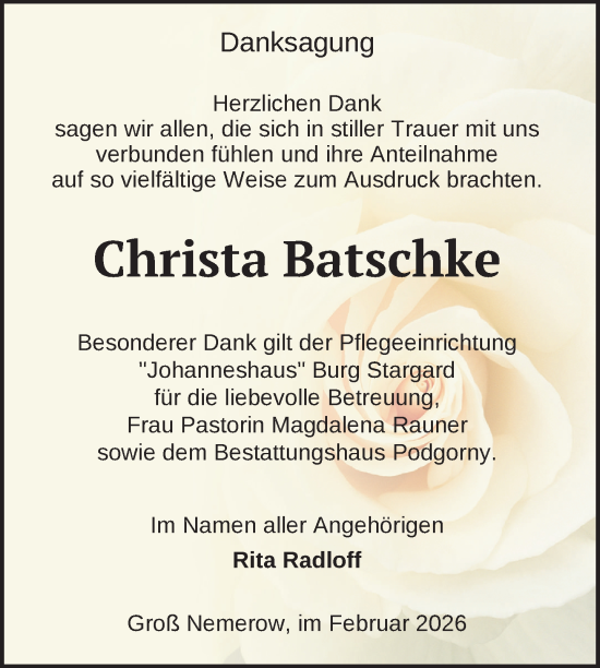 Traueranzeige von Christa Batschke von Nordkurier Neubrandenburger Zeitung