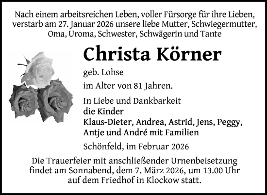 Traueranzeige von Christa Körner von Uckermark Kurier Prenzlauer Zeitung