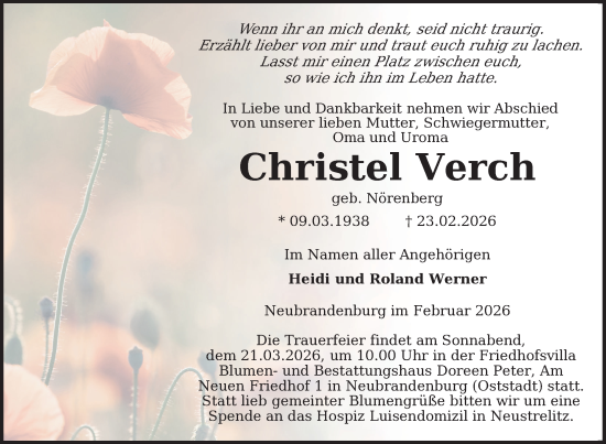 Traueranzeige von Christel Verch von Nordkurier Neubrandenburger Zeitung