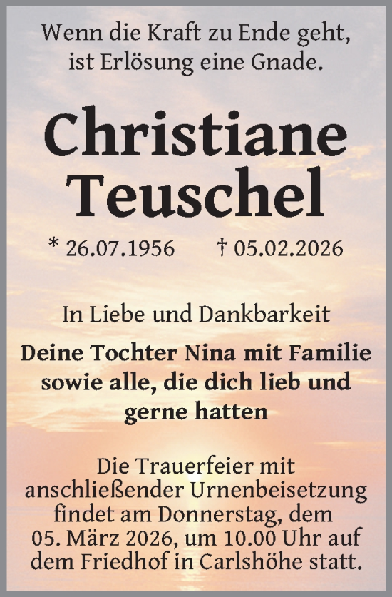 Traueranzeige von Christiane Teuschel von Nordkurier Neubrandenburger Zeitung