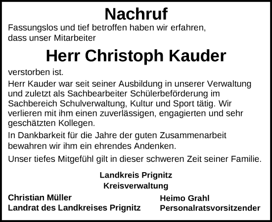 Traueranzeige von Christoph Kauder 