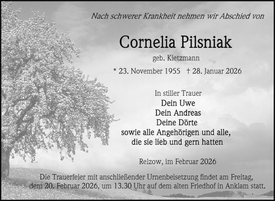 Traueranzeige von Cornelia Pilsniak von Nordkurier Vorpommern Kurier, Nordkurier Grosso