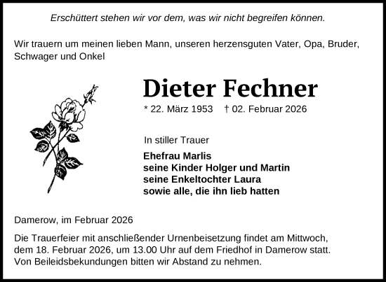 Traueranzeige von Dieter Fechner von Nordkurier Grosso, Nordkurier Pasewalker Zeitung