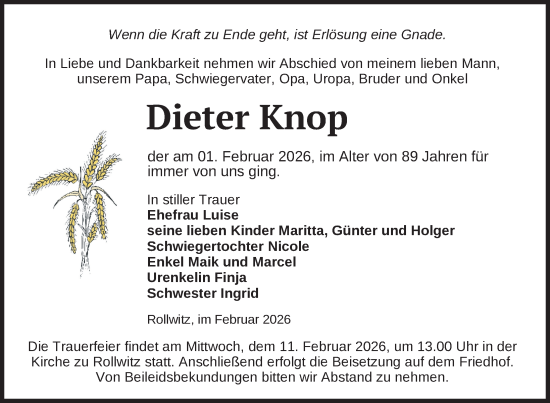 Traueranzeige von Dieter Knop von Nordkurier Grosso, Nordkurier Pasewalker Zeitung