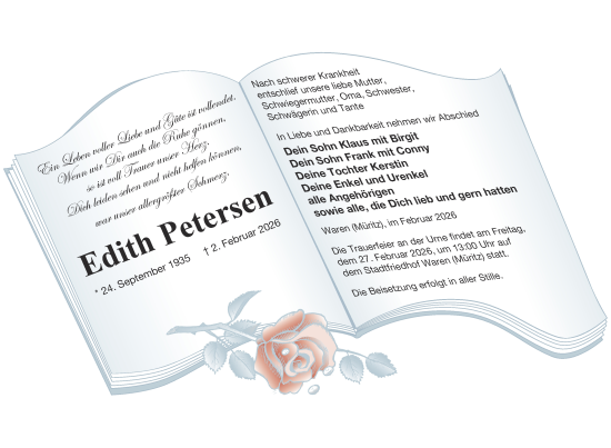 Traueranzeige von Edith Petersen von Nordkurier Müritz-Zeitung