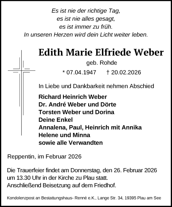 Traueranzeige von Edith Marie Elfriede Weber von Parchim und Lübz