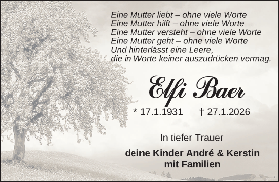 Traueranzeige von Elfi Baer von Zeitung für die Landeshauptstadt