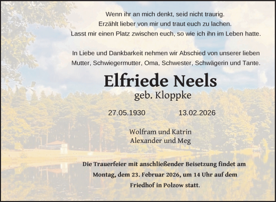 Traueranzeige von Elfriede Neels von Nordkurier Pasewalker Zeitung, Nordkurier Grosso