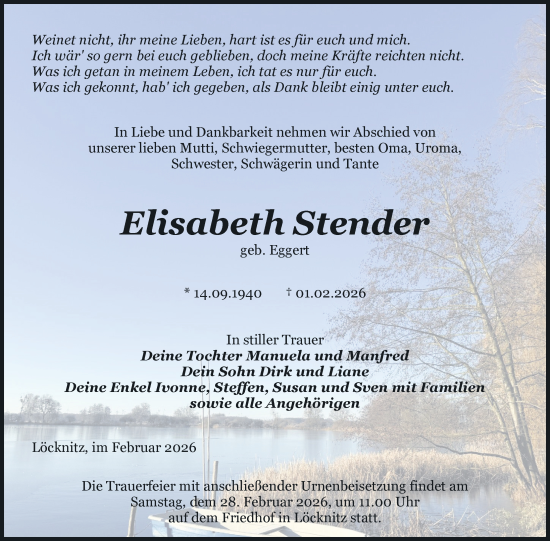Traueranzeige von Elisabeth Stender von Nordkurier Pasewalker Zeitung, Nordkurier Grosso