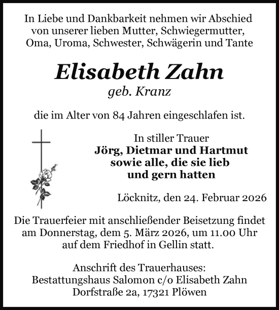 Traueranzeige von Elisabeth Zahn von Nordkurier Pasewalker Zeitung, Nordkurier Grosso
