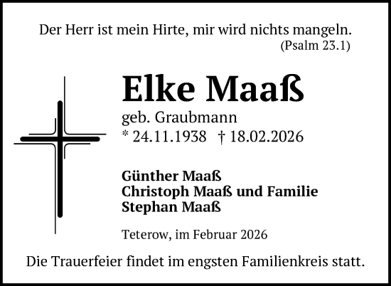 Traueranzeige von Elke Maaß von Nordkurier Mecklenburger Schweiz, Nordkurier Grosso