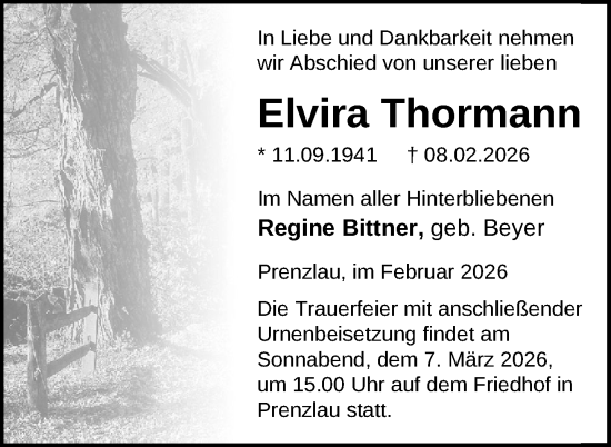 Traueranzeige von Elvira Thormann von Uckermark Kurier Prenzlauer Zeitung