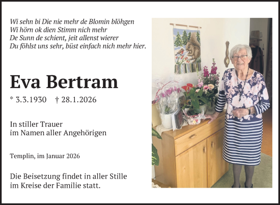 Traueranzeige von Eva Bertram von Uckermark Kurier Prenzlauer Zeitung, Uckermark Kurier Templiner Zeitung