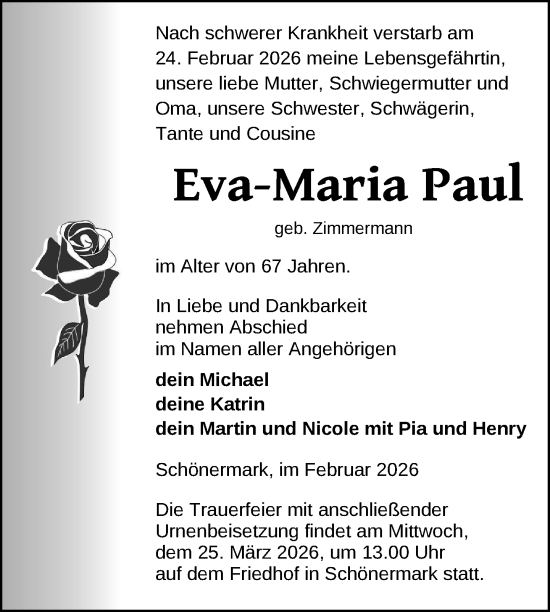 Traueranzeige von Eva-Maria Paul von Uckermark Kurier Prenzlauer Zeitung