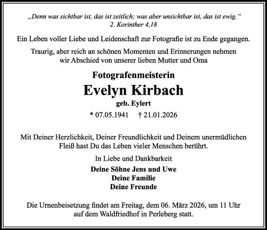 Traueranzeige von Evelyn Kirbach von Der Prignitzer, Prignitz Express