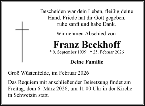 Traueranzeige von Franz Beckhoff von Nordkurier Mecklenburger Schweiz, Nordkurier Grosso