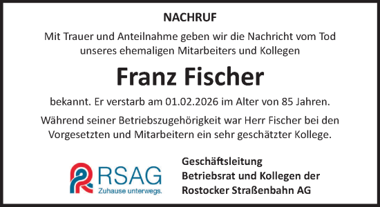 Traueranzeige von Franz Fischer von Norddeutsche Neueste Nachrichten