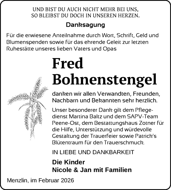 Traueranzeige von Fred Bohnenstengel von Nordkurier Vorpommern Kurier, Nordkurier Grosso