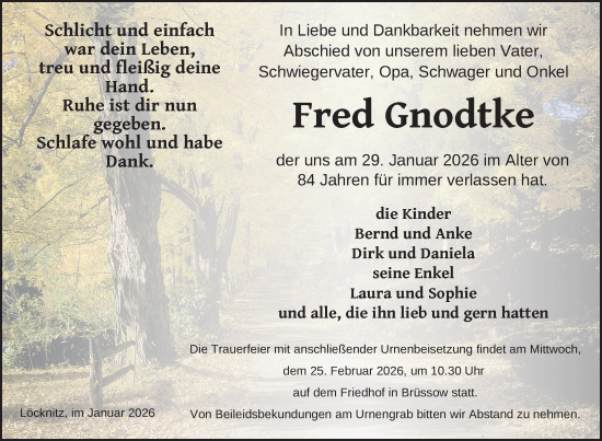 Traueranzeige von Fred Gnodtke von Uckermark Kurier Prenzlauer Zeitung