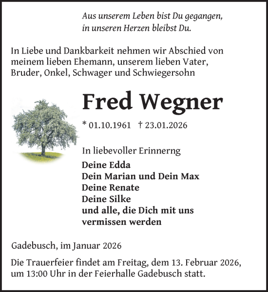 Traueranzeige von Fred Wegner von Gadebusch - Rehnaer Zeitung