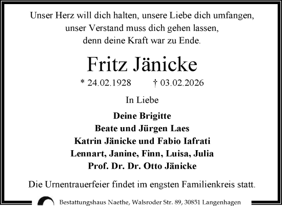 Traueranzeige von Fritz Jänicke von Nordkurier Müritz-Zeitung