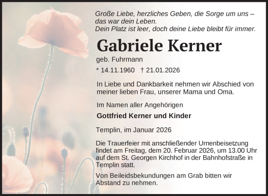 Traueranzeige von Gabriele Kerner von Uckermark Kurier Templiner Zeitung