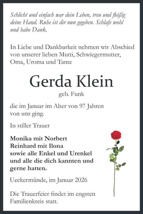 Traueranzeige von Gerda Klein von Nordkurier Haff-Zeitung, Nordkurier Grosso