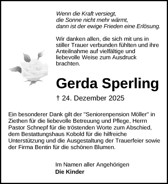 Traueranzeige von Gerda Sperling von Gadebusch - Rehnaer Zeitung