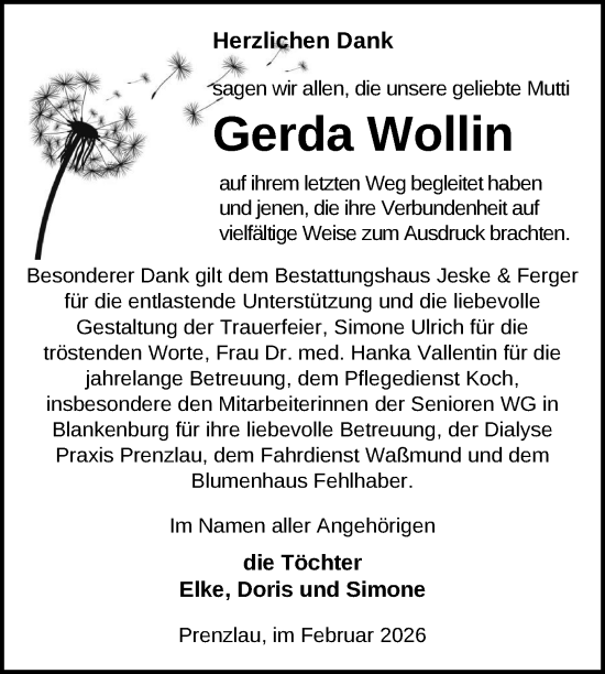 Traueranzeige von Gerda Wollin von Uckermark Kurier Prenzlauer Zeitung
