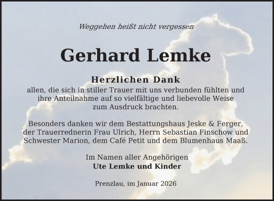 Traueranzeige von Gerhard Lemke von Uckermark Kurier Prenzlauer Zeitung