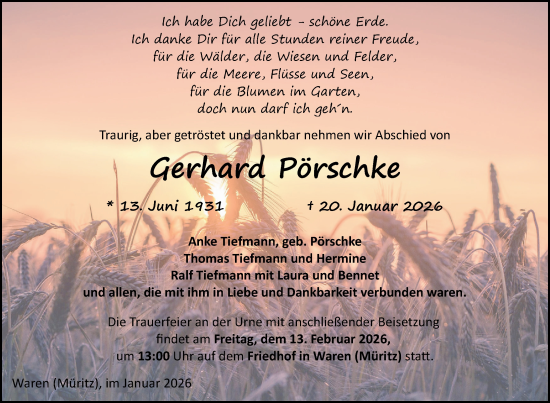 Traueranzeige von Gerhard Pörschke von Nordkurier Müritz-Zeitung, Nordkurier Mecklenburger Schweiz, Nordkurier Grosso