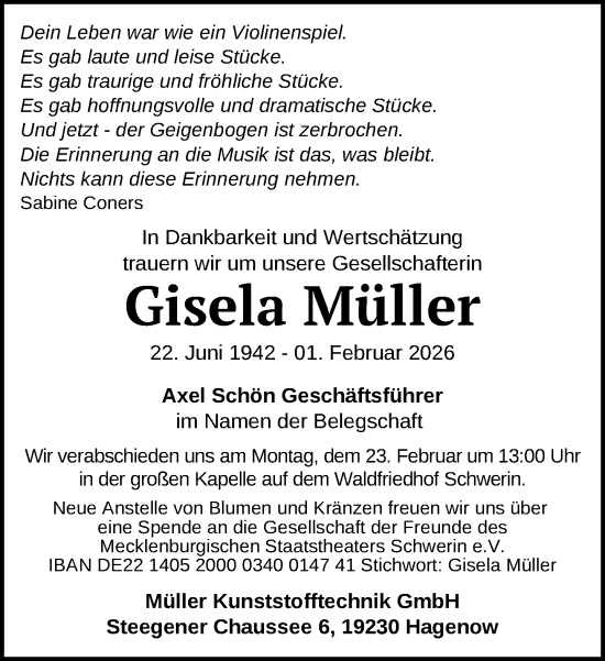 Traueranzeige von Gisela Müller von Zeitung für die Landeshauptstadt, Hagenower Kreisblatt