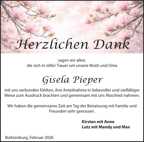 Traueranzeige von Gisela Pieper von Uckermark Kurier Templiner Zeitung