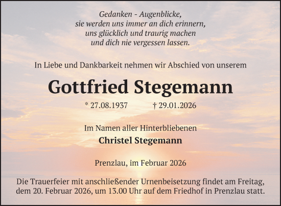 Traueranzeige von Gottfried Stegemann von Uckermark Kurier Prenzlauer Zeitung